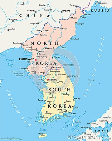 North Korea and South Korea Political Map Vector Illustration