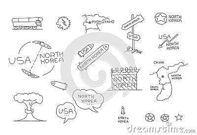 North Korea and US International relationships conflict Set. Dialogue on nuclear weapons missile. Hand drawn vector Vector Illustration