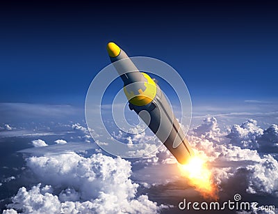 North Korean Ballistic Rocket In The Blue Sky Stock Photo