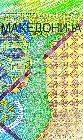 North Macedonia 10 Denars banknote, Issued on 2018, Bank of Macedonia. Fragment: Peacock floor mosaic, Episcopal Basilica, Stobi Editorial Stock Photo