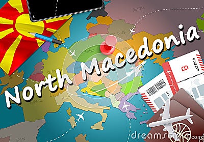 North Macedonia travel concept map background with planes, tickets. Visit North Macedonia travel and tourism destination concept. Stock Photo