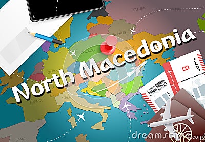 North Macedonia travel concept map background with planes, tickets. Visit North Macedonia travel and tourism destination concept. Stock Photo