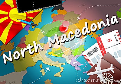 North Macedonia travel concept map background with planes, tickets. Visit North Macedonia travel and tourism destination concept. Stock Photo