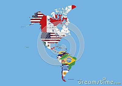 North, Middle and South America Flags Map Names Stock Photo