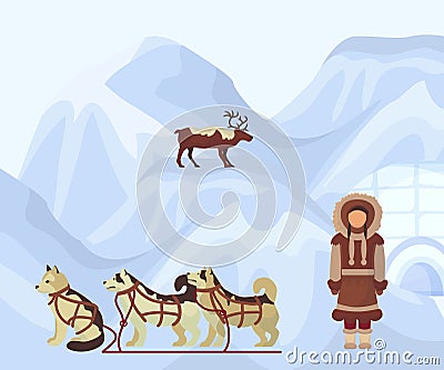 North people in traditional eskimos costume, arctic dogs and polar deer. Life in the far north. Polar nature with Eskimo Vector Illustration