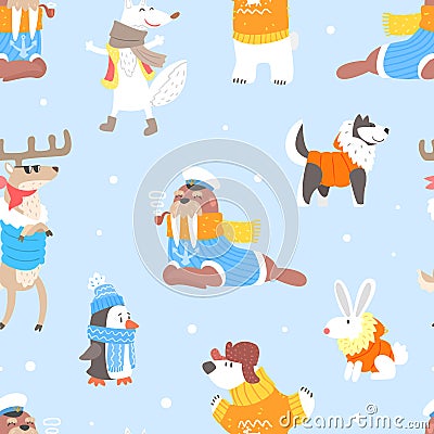 North Pole Arctic Animals Seamless Pattern, Cute Walrus, Penguin, Husky Dog and Reindeer Characters in Warm Clothes Vector Illustration