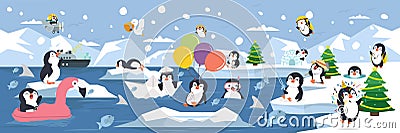 North pole Arctic family penguins background Vector Illustration