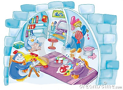 North pole penguin igloo, Stock Photo