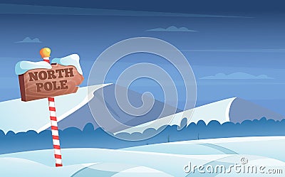 North pole road sign. Snowy background with snow trees night woods wonderland winter holidays vector cartoon Vector Illustration