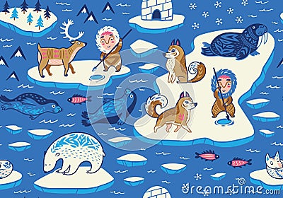 North Pole seamless pattern with wild animals, eskimos and yurt Vector Illustration