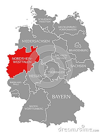 North Rhine Westphalia red highlighted in map of Germany Cartoon Illustration