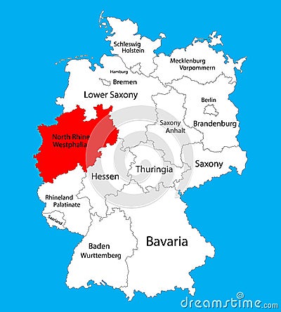 North Rhine-Westphalia state map, Germany, vector map silhouette. Cartoon Illustration