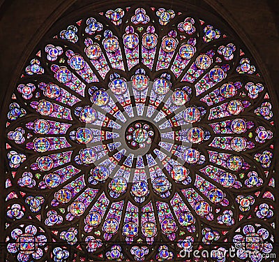 The North Rose stained glass window at Notre Dame de Paris Cathedral, France Editorial Stock Photo