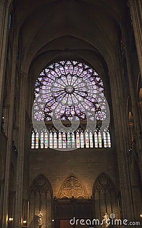 The North Rose window at Notre Dame cathedral on March 14, 2012 in Paris, France Editorial Stock Photo