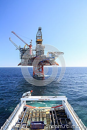 Offshore AHTS vessel with cargo to the oil platform Ringhorn in the North Sea Editorial Stock Photo