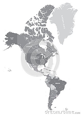 North and South America high detailed political map in grey scales. All layers detached and labeled. Vector Vector Illustration