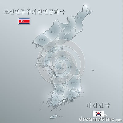 North and South Korea map and flags separate region, Korean names Hangul fonts, glass blue card 3D Vector Illustration