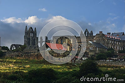 Panoramic view of city of Whitby and the ruins of the abbey Stock Photo