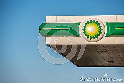 Northampton, UK - Feb 25, 2018: Day view of British Petroleum BP logo in town center Editorial Stock Photo