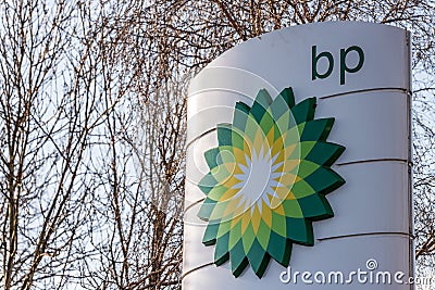 Northampton, UK - Feb 25, 2018: Day view of British Petroleum BP logo in town center Editorial Stock Photo