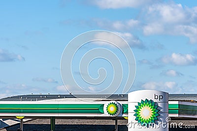 Northampton, UK - Feb 26, 2018: Day view of British Petroleum BP logo in town center Editorial Stock Photo