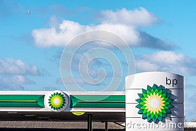 Northampton, UK - Feb 26, 2018: Day view of British Petroleum BP logo in town center Editorial Stock Photo