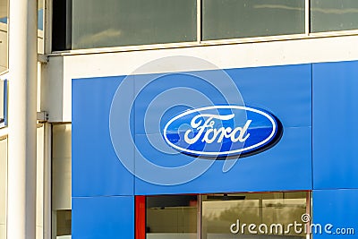 Northampton, UK - Oct 25, 2017: Day view of Ford logo at Riverside Retail Park Editorial Stock Photo