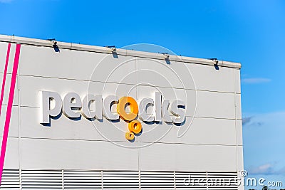 Northampton UK October 25, 2017: Peacocks logo sign in Weston Favell Shopping centre Editorial Stock Photo