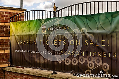 Northampton UK October 3, 2017: Season Tickets on Sale Northampton Saints Rugby Club promotional banner at Franklin Gardens Editorial Stock Photo