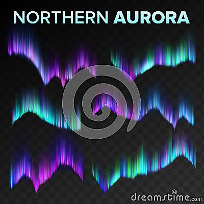 Northern Aurora Set Vector. Polar Sky Night Shiny Magical Phenomenon. Black Transparent Background. Abstract Aurora Vector Illustration