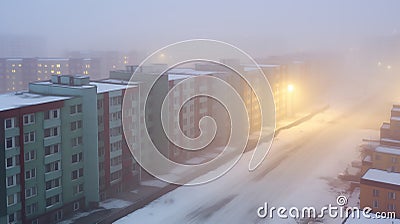 Northern city during snowstorm. Snowy street and gloomy residential buildings that look abandoned. Generative AI Stock Photo