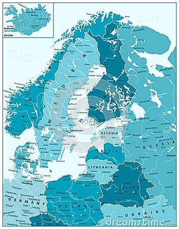 Northern Europe Political Map In Aqua Blue Colors Vector Illustration