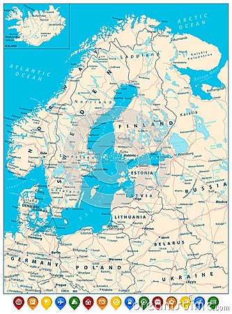 Northern Europe Road Map and Colorful Map Pointers Vector Illustration