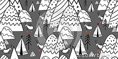 Northern forest. Illustration in folk style. Stylized mountains. Scandinavian print. Line drawing. Seamless pattern for Vector Illustration