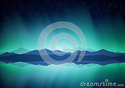 Northern landscape with Aurora, lake and mountains on the horizon. Vector Illustration