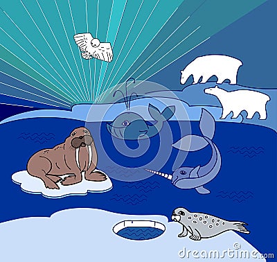 Northern landscape with different polar animals Stock Photo