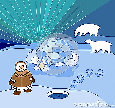 Northern landscape with eskimo in national clothes, igloo and polar bears Stock Photo