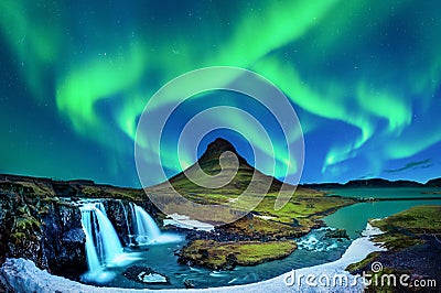 Northern Light, Aurora borealis at Kirkjufell in Iceland. Kirkjufell mountains in winter Stock Photo