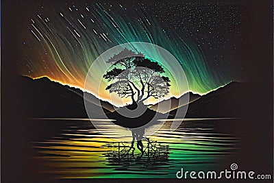 Northern Lights Aurora Borealis lone tree reflection over lake water Stock Photo