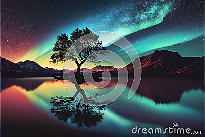 Northern Lights Aurora Borealis lone tree reflection over lake water Stock Photo