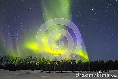 Northern Lights (Aurora borealis) over snowscape. Stock Photo