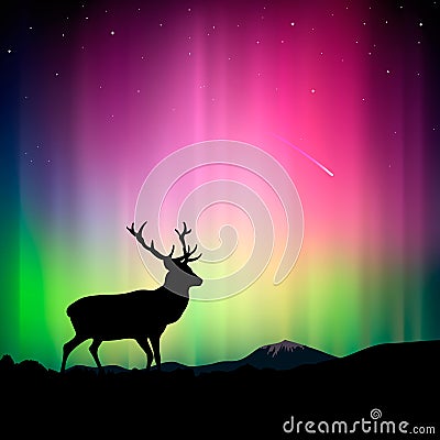 Northern lights with a deer in the foreground Vector Illustration