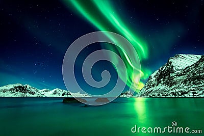 Northern Lights at Haukland Beach on the Lofoten Islands Stock Photo