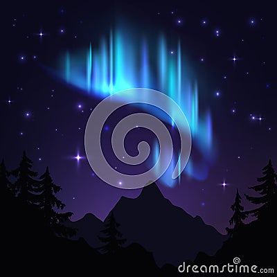 Northern lights. Isolated aurora borealis, bright stripes in night sky. Aurora blue vector background Vector Illustration