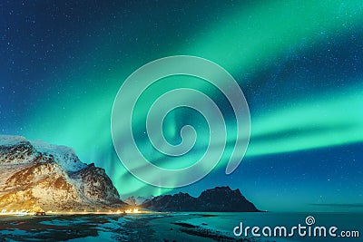 Northern lights in Lofoten islands, Norway. Green Aurora borealis Stock Photo