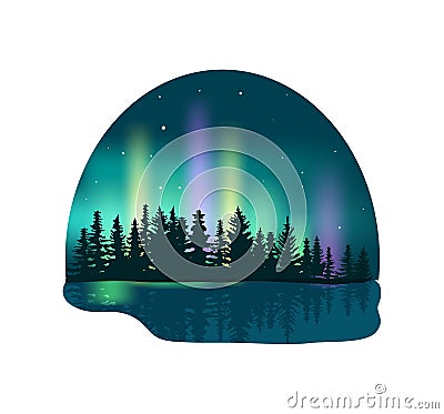 Northern lights over deep forest icon Vector Illustration