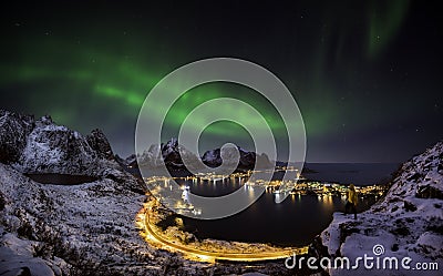 Northern lights over Reine, Norway Stock Photo