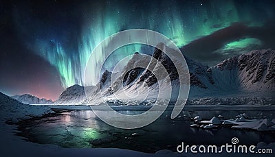 northern lights over the tops of the mountains, generative ai Stock Photo