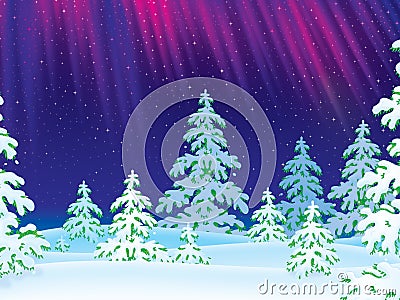 Northern Lights shine over the snow-covered forest Stock Photo