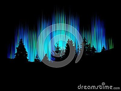 Northern lights vector. Forest silhouette against the background merry dancers. Trees landscape Vector Illustration